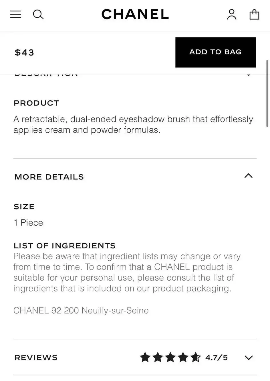 CHANEL LES PINCEAUX N°200 Dual-Ended Retractable Eyeshadow Brush - New